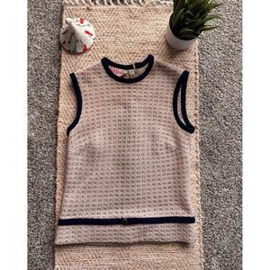 Vintage Betty Barclay Wool Shell Top Beige Navy Blue Pointelle Sleeveless Size 9